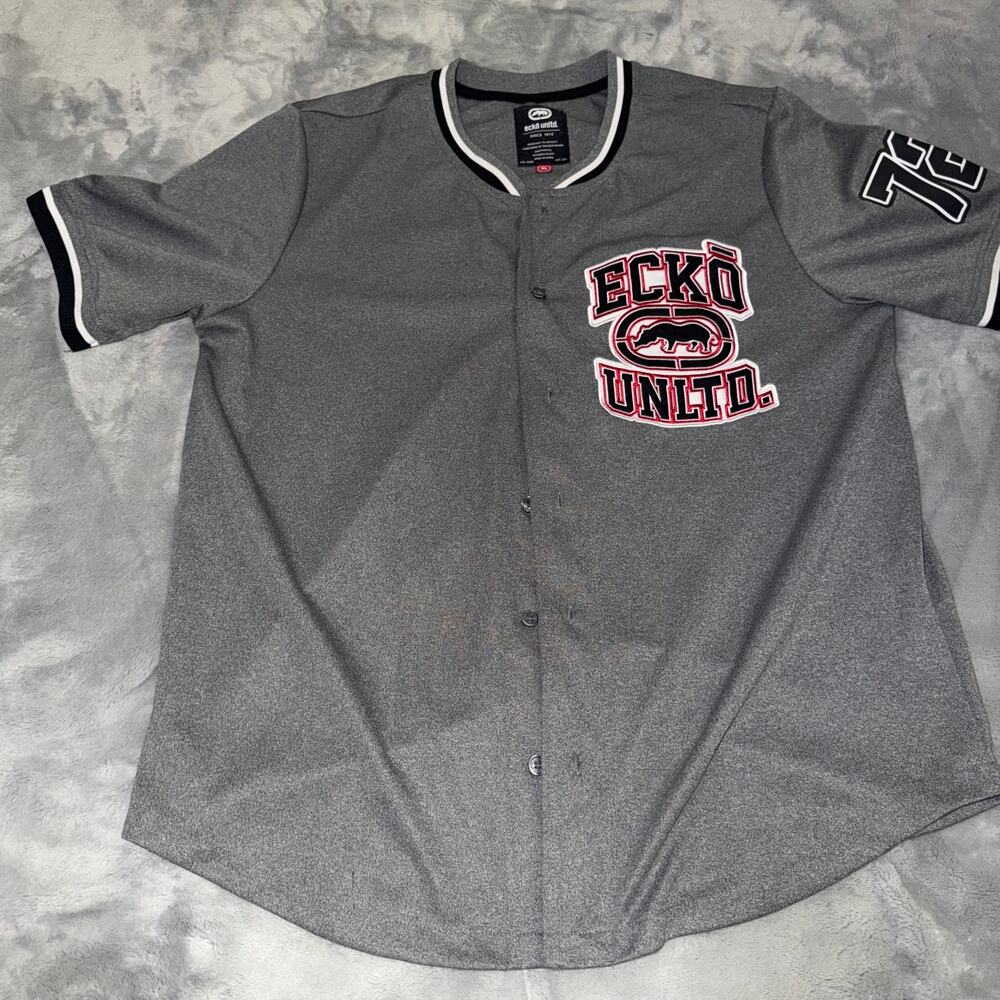 Ecko Unltd. Gray Baseball Jersey Men’s XL Button Up Rhino 72 Ecko Unlimited